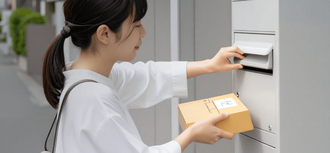 ポストを開けて荷物を受け取る女性